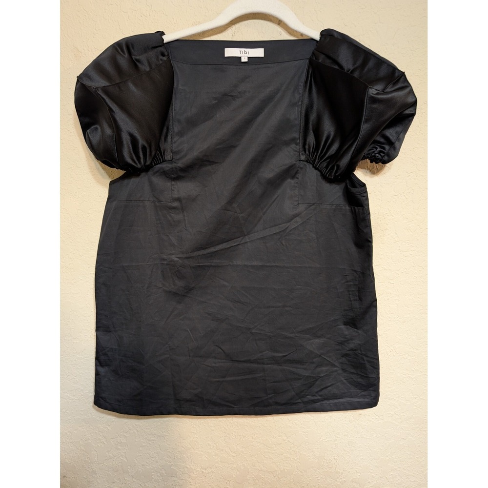 Tibi $395 Satin Puff Sleeve Top Square Neck Cotton‎ Blouse Black Size 2